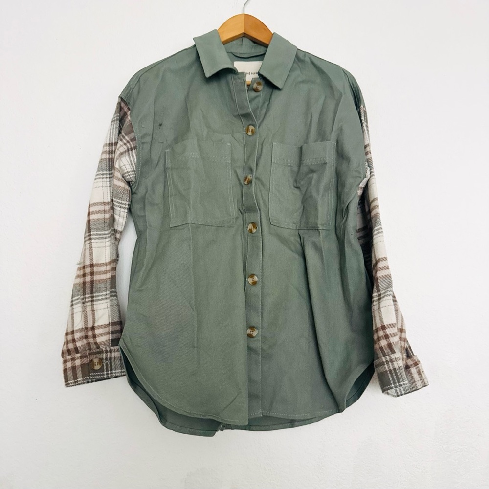 Thread & Supply Women's Button Down Shacket Top Cotton Size S Olive Tan Plaid - Picture 4 of 11